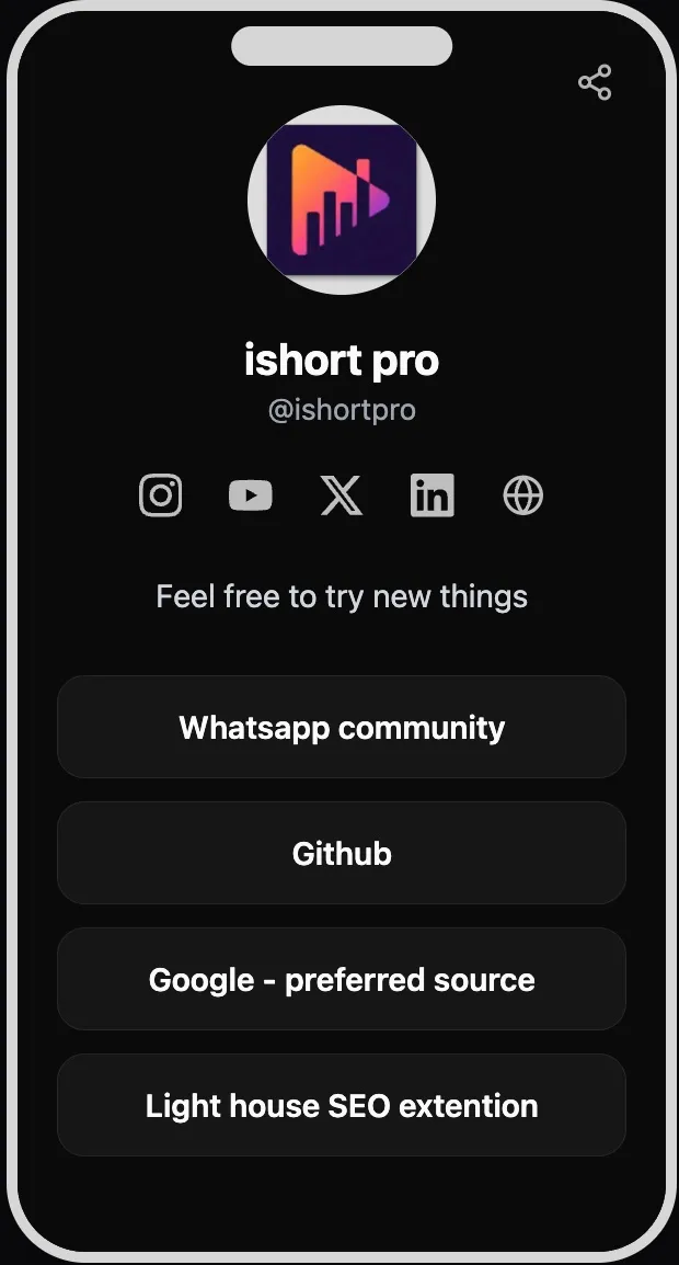 IShort free link-in-bio page on a phone with social icons and link buttons